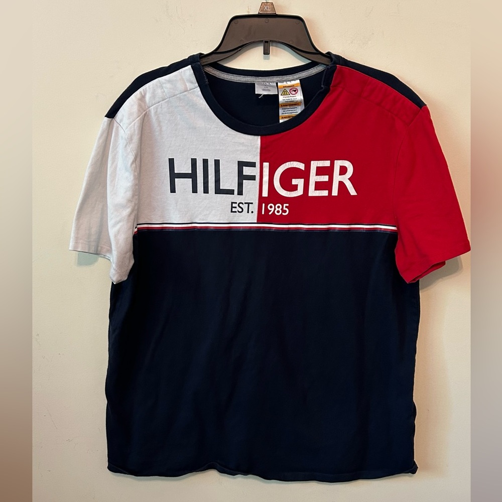 Tommy Hilfiger Adaptive Mens Shirt Large Magnetic Button Color Block Spell‎ Out